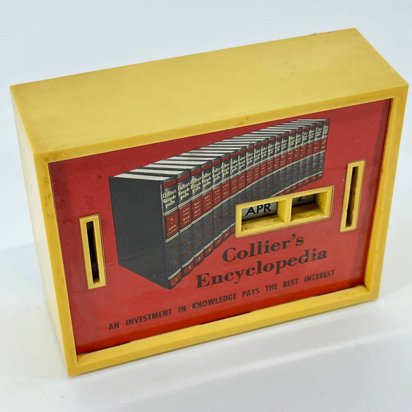 Vintage Coin Bank Collier’s Encyclopedia Calendar Bank No Key TE3