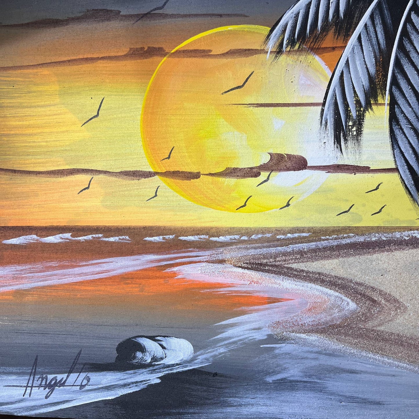 Original Canvas Art Painting Beach Sunset Scene Signed Angel '10 Size 30x11.5"