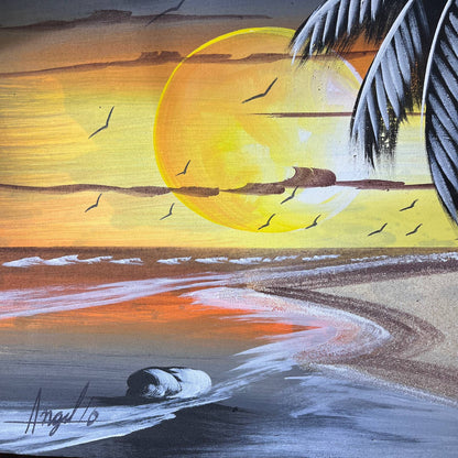 Original Canvas Art Painting Beach Sunset Scene Signed Angel '10 Size 30x11.5"
