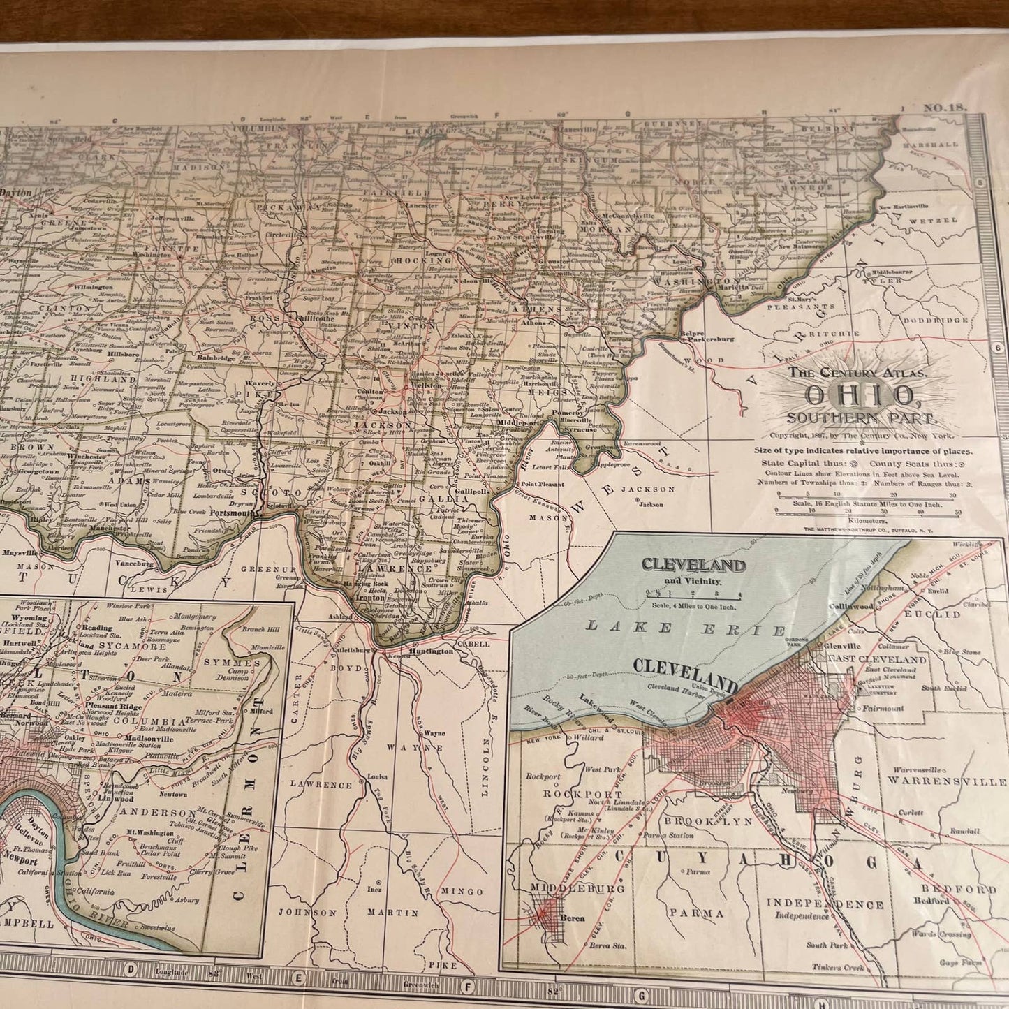 Antique 1897 The Century Atlas Map of OHIO SET OF 2 Color Engraved 12.5 x 17 FL5