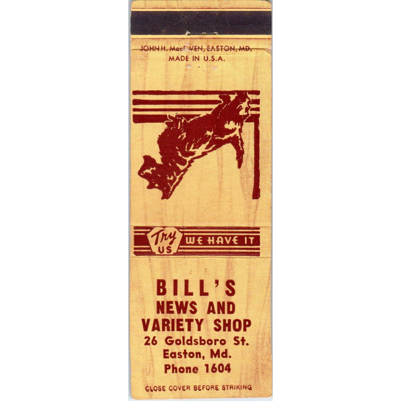 Bill's News and Variety Shop Easton MD Advertising Matchbook Cover SA1-M9