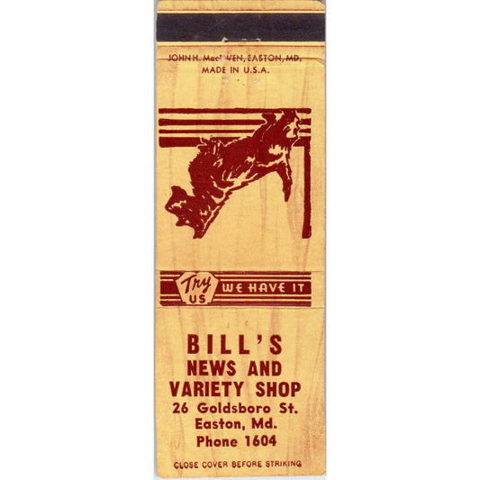 Bill's News and Variety Shop Easton MD Advertising Matchbook Cover SA1-M9