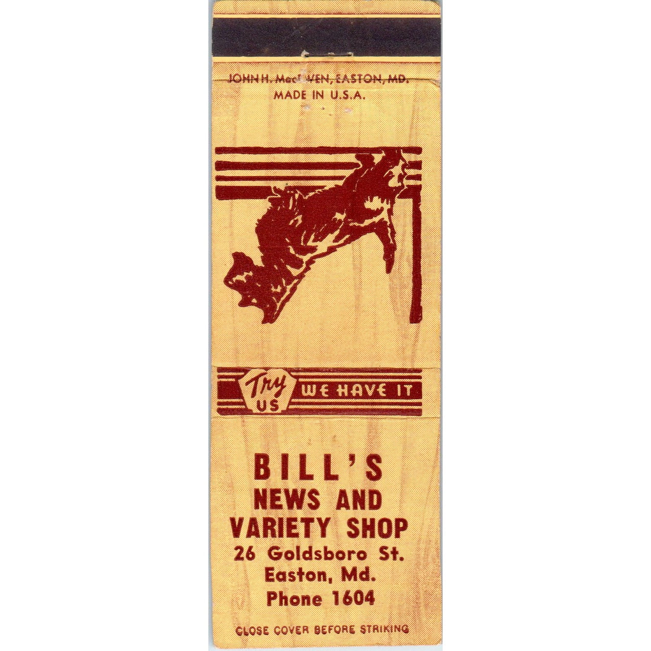 Bill's News and Variety Shop Easton MD Advertising Matchbook Cover MM9-9