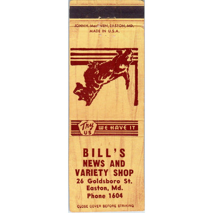 Bill's News and Variety Shop Easton MD Advertising Matchbook Cover MM9-9