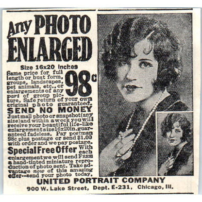 1931 Photo Enlargement United Portrait Company Chicago Advertisement 2x2.5 SE6-1