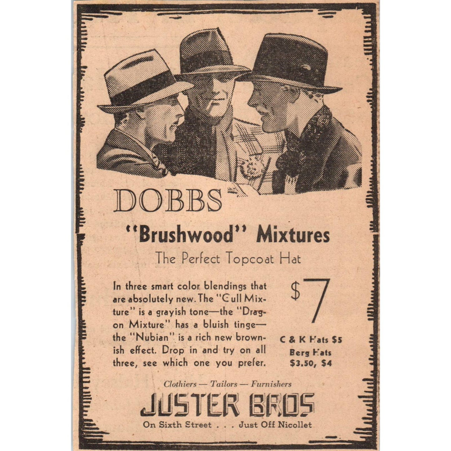 1935 Minneapolis Journal Newspaper Ad Juster Bros. Dobbs Brushwood Hats FL5-5