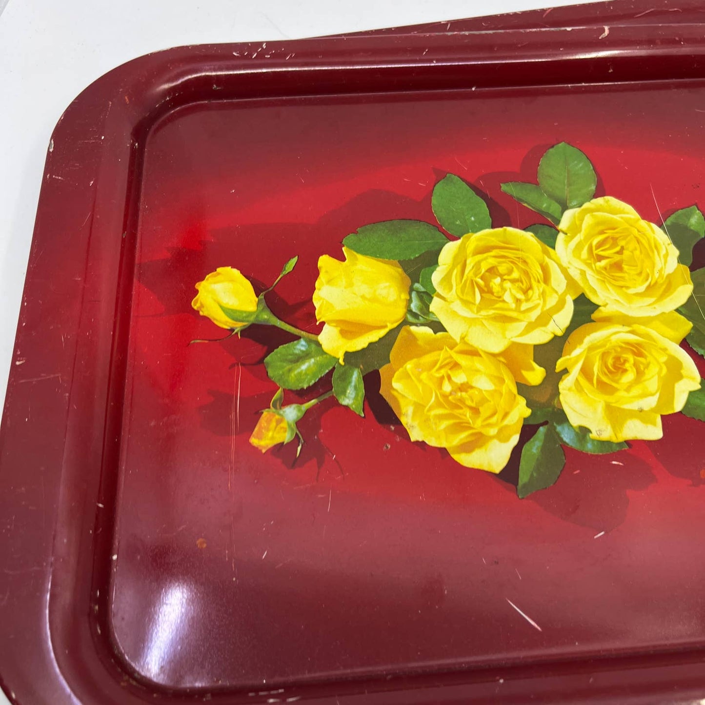 Vintage Toleware Red Metal Tray Yellow Rose Flowers 11x14" Set Of 3 TI4