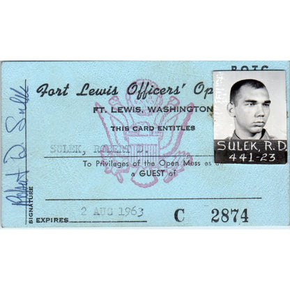 1963 US Army Fort Lewis Washington Officers' Open Mess Card Robert Sulek AK3-M43