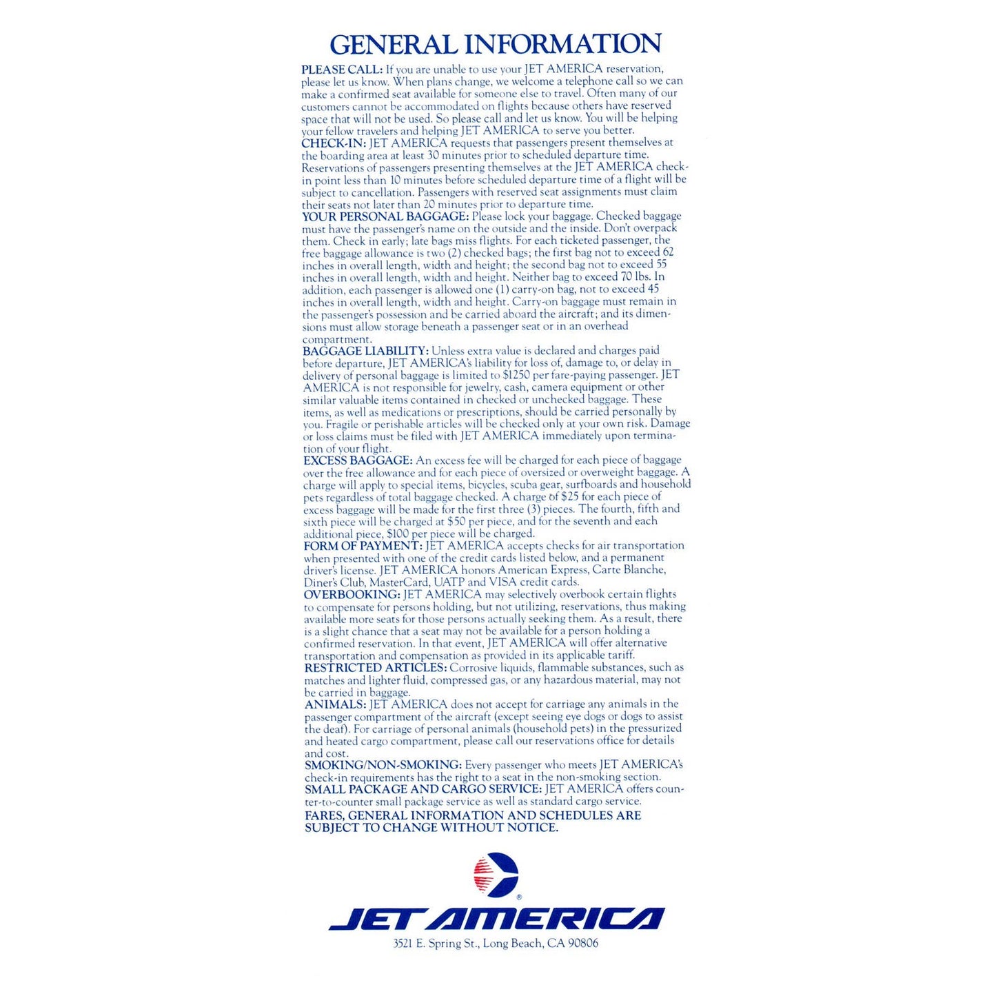 1986 Jet America Airline System Flight Schedule September 15 Timetable SE4