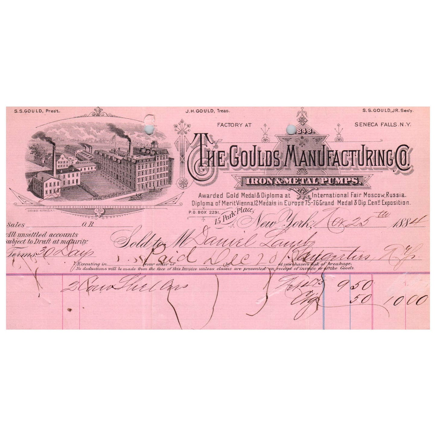 1884 The Gould's Manufacturing Co. Iron & Metal Pumps Letterhead Billhead Seneca Falls NY AC9