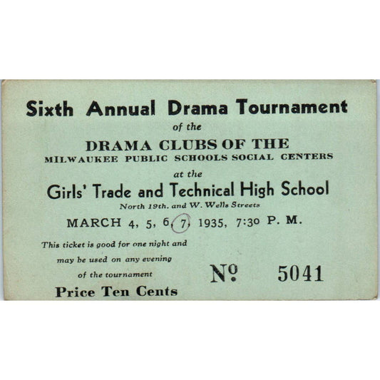 1935 Drama Tournament Stub Girls' Trade & Technical High School Milwaukee SE5