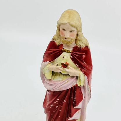 1940s Hand Painted Chalkware Statue Sacred Heart Of Jesus 9” Germany TC3