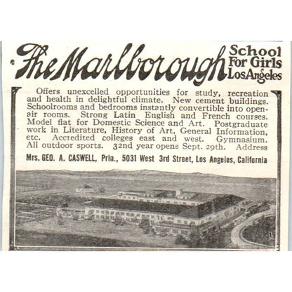 c1920 Harper's Ad - Marlborough Girls School Geo A Caswell Los Angeles CA EA3-1