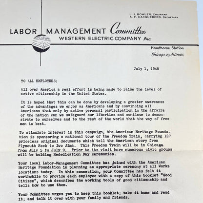 1948 Labor Management Committee Western Electric Company Letterhead Chicago AA7