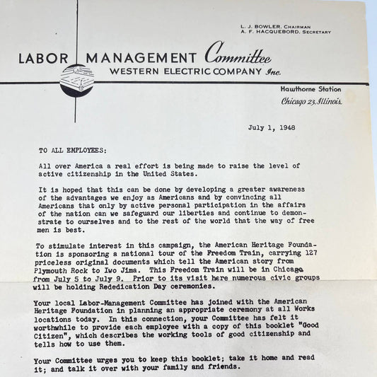 1948 Labor Management Committee Western Electric Company Letterhead Chicago AA7