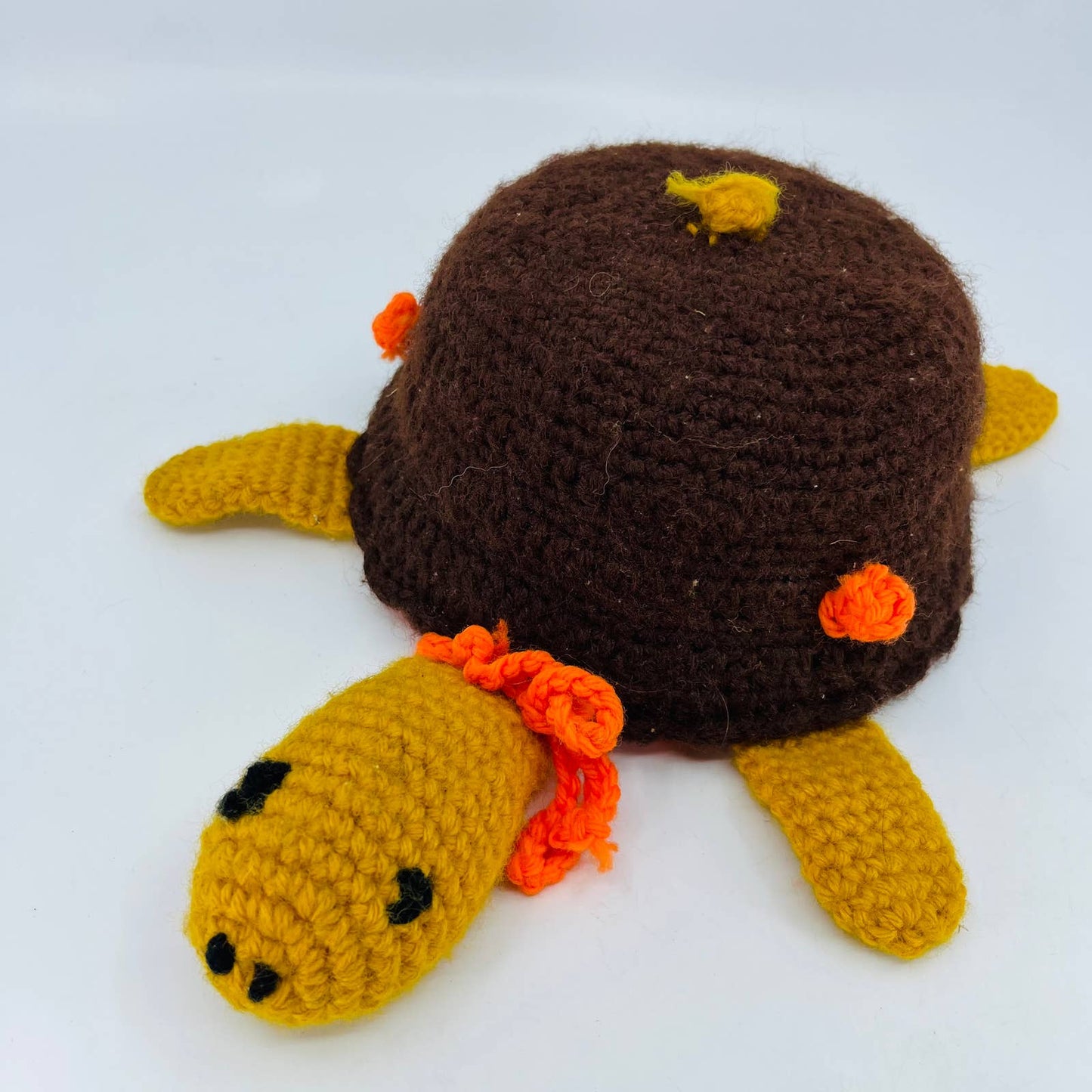 Vintage Retro 70s Kitschy Crocheted Turtle Brown Yellow Orange 11” TB8