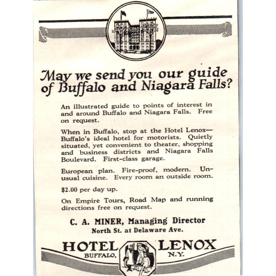 c1920 Harper's Magazine Ad - C.A. Miner Hotel Lenox Buffalo NY EA3
