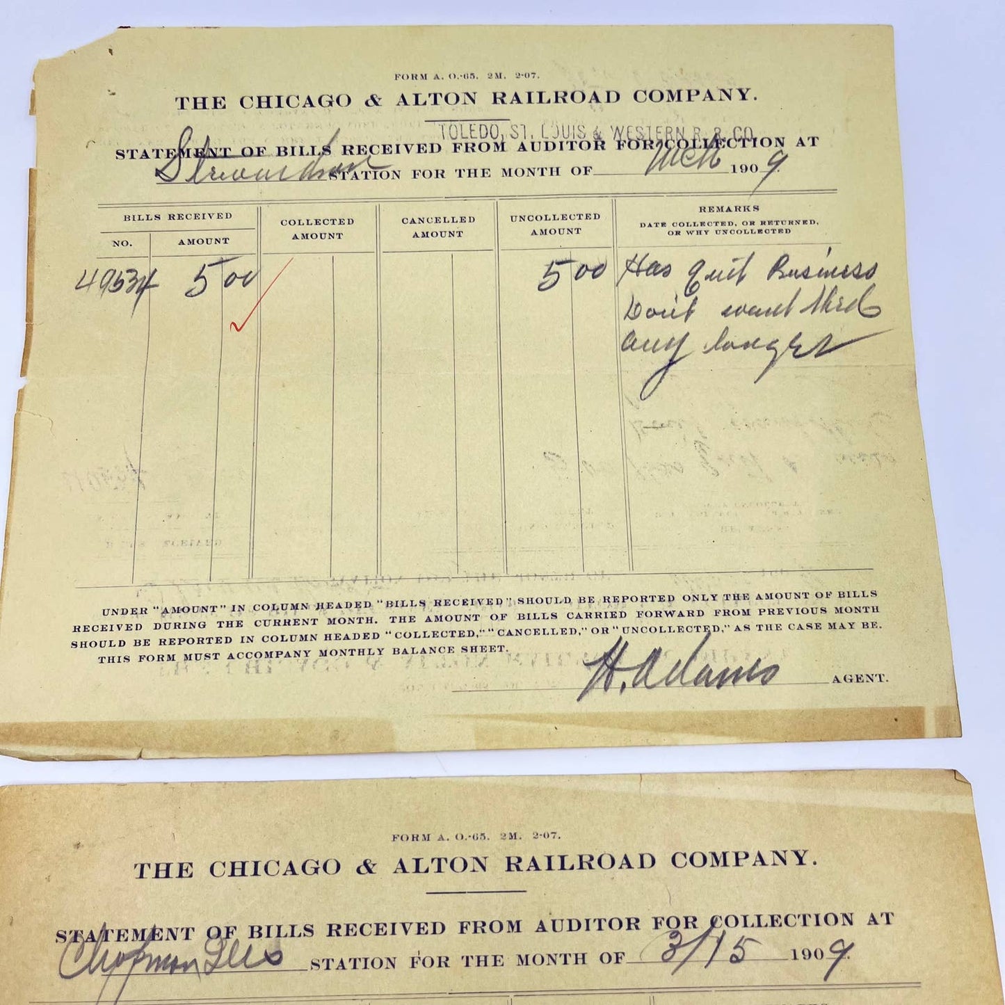 1909 Chicago & Alton Railroad Company Statement of Bills Received Lot of 2 AB1-3