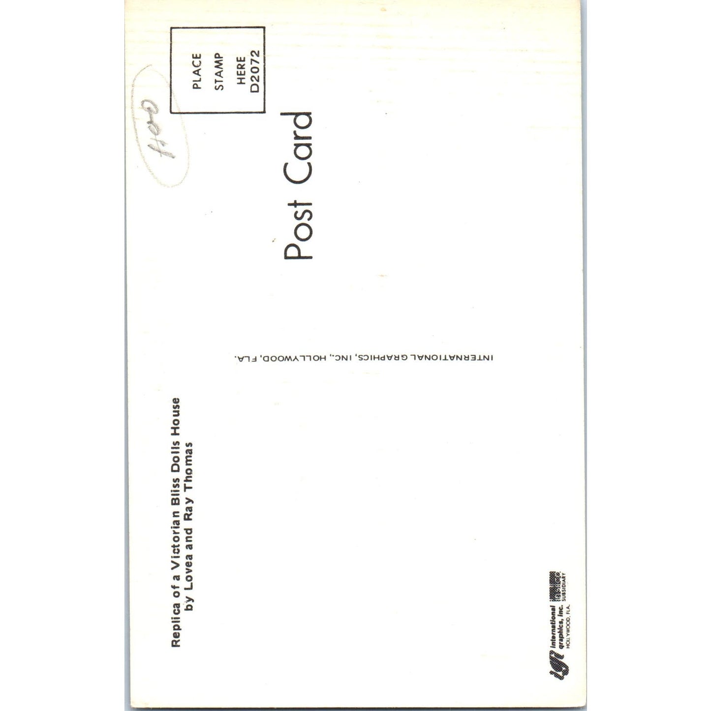 Replica of Victorian Bliss Doll House Loves & Ray Thomas Original Postcard PB8