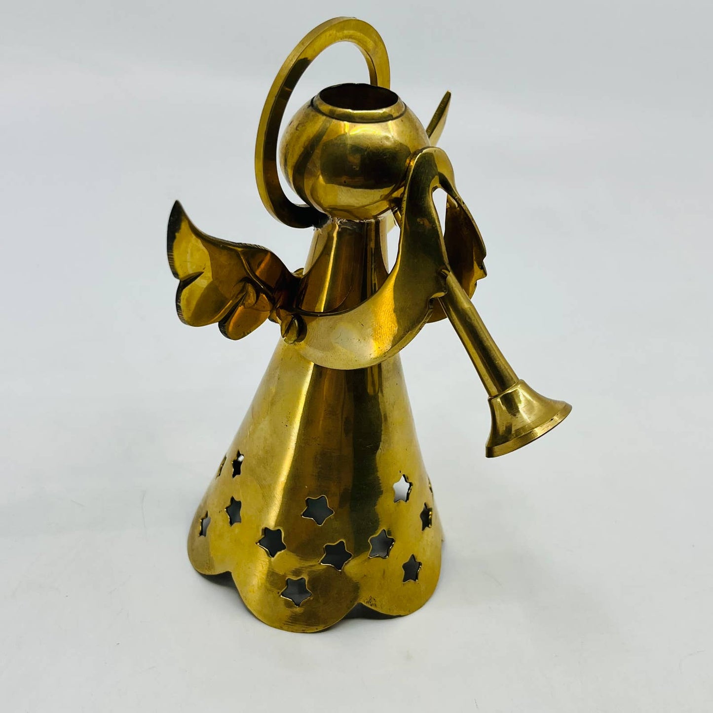 1980s Solid Brass Angel Candle Holder Trumpet & Star India TD4