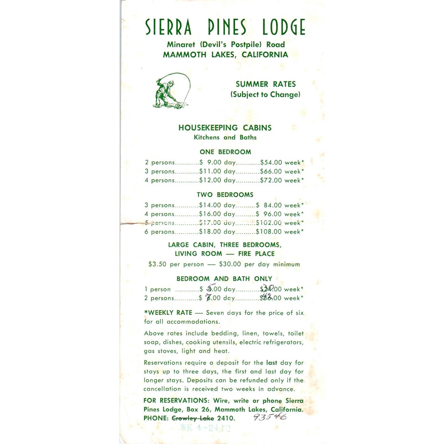 Vtg Sierra Pines Lodge Minaret Devil's Postpile Rd Mammoth Lakes Rate Sheet AD7