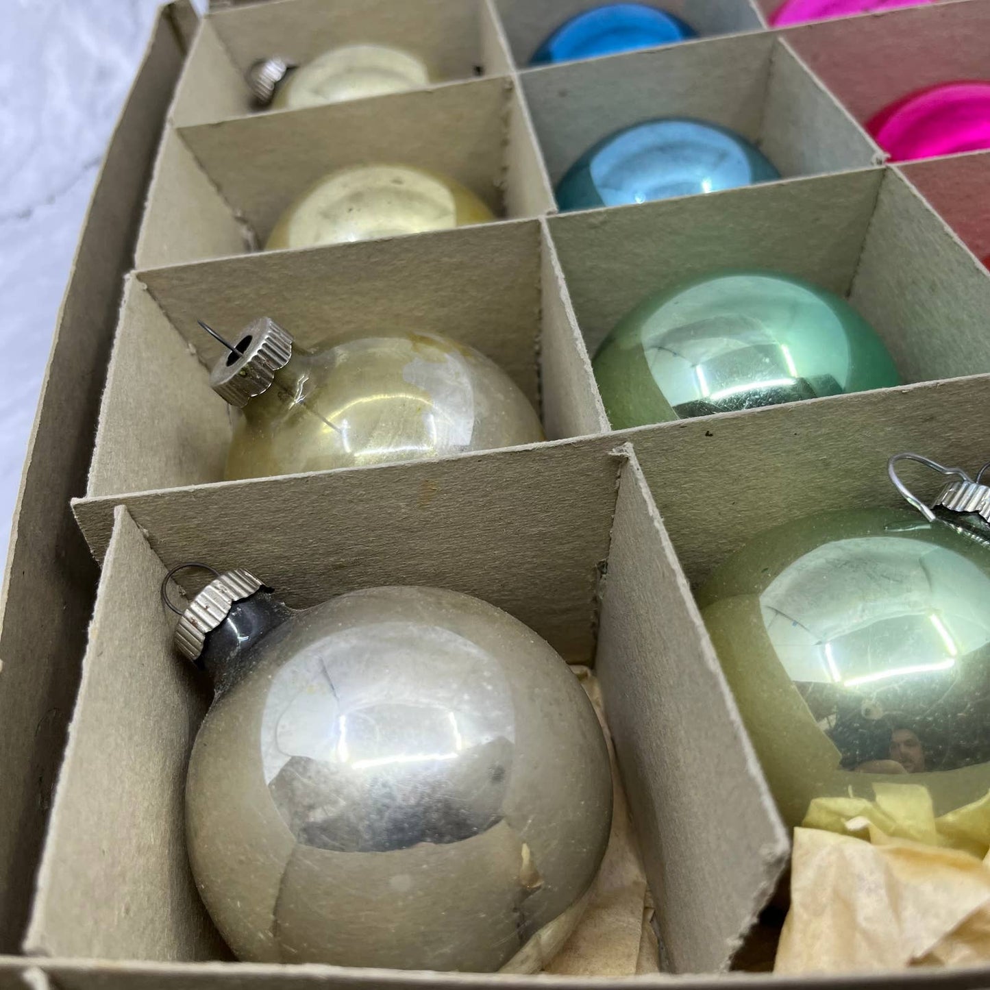 Shiny Brite 12 Vintage Mercury Glass Ornaments With Original Box Pink Teal Gold