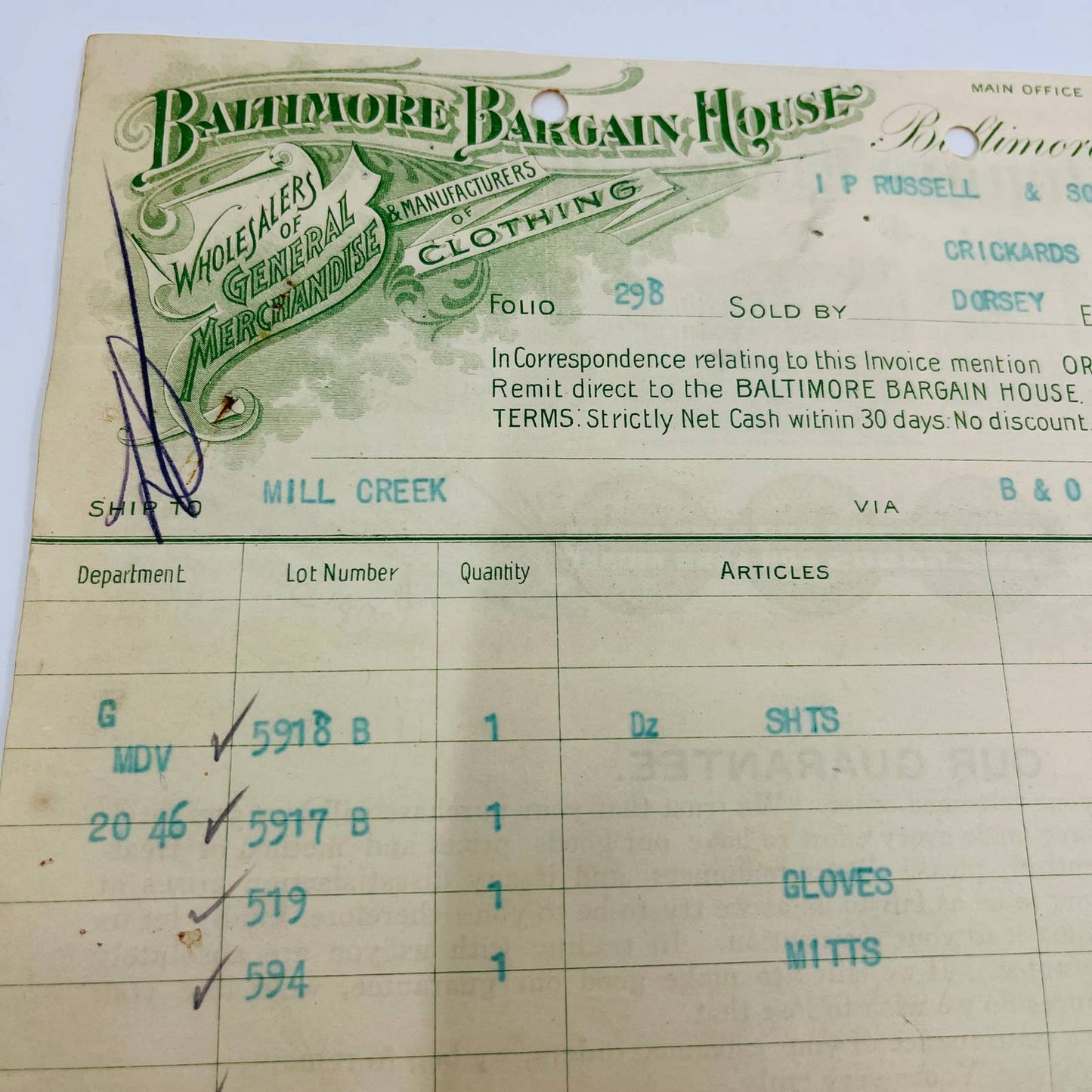 1904 Baltimore Bargain House MD Billhead Letterhead Receipt AA4