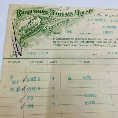 1904 Baltimore Bargain House MD Billhead Letterhead Receipt AA4