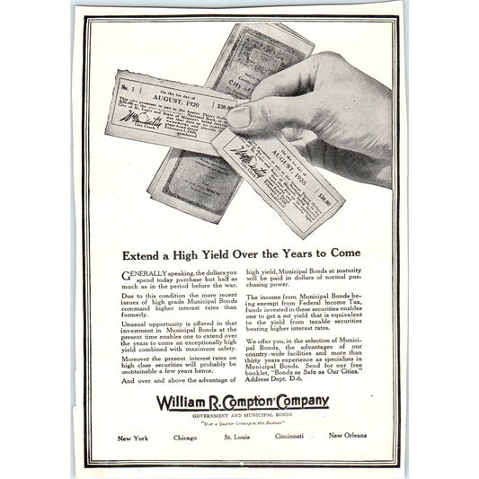 c1920 Harper's Magazine Ad - William R. Compton Company Municipal Bonds TF6-1