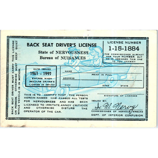 Back Seat Driver's License Humor Joke 1969 Original Postcard TK1-P13