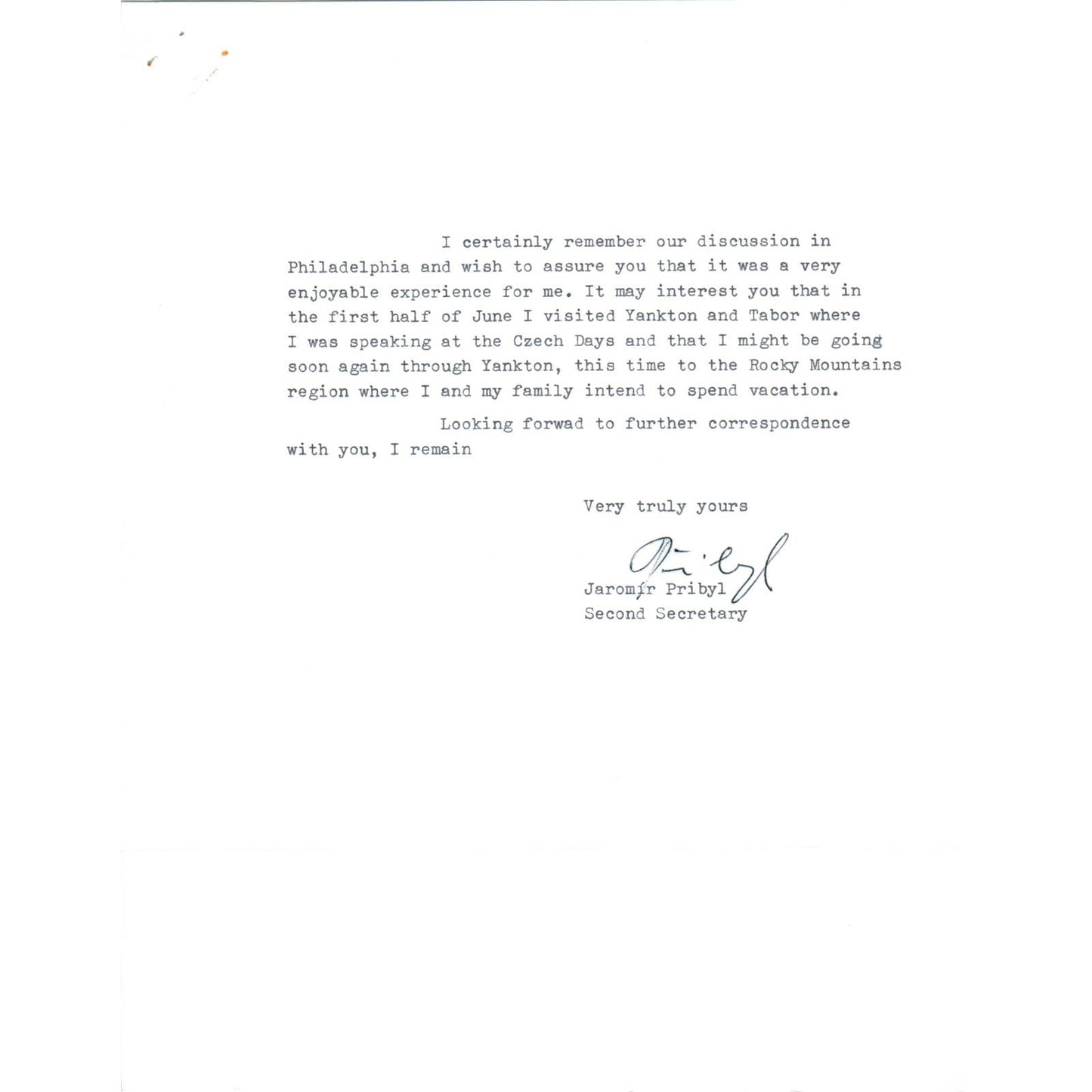 Czechoslovak Embassy Official Letterhead Memo Jaromir Pribyl Aug 7 1967 TK1-P11