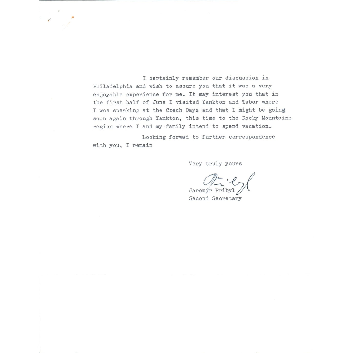 Czechoslovak Embassy Official Letterhead Memo Jaromir Pribyl Aug 7 1967 B15