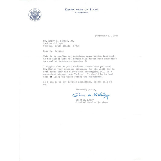 Official US Department of State Letterhead Memo Giles M. Kelly 9/13/66 TK1-P8