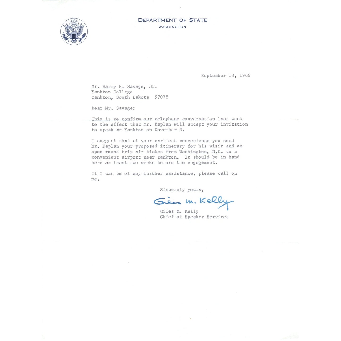Official US Department of State Letterhead Memo Giles M. Kelly 9/13/66 B13