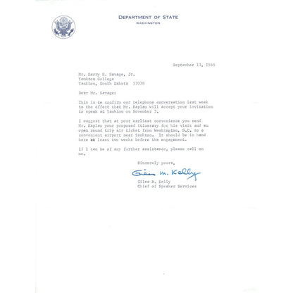 Official US Department of State Letterhead Memo Giles M. Kelly 9/13/66 B13