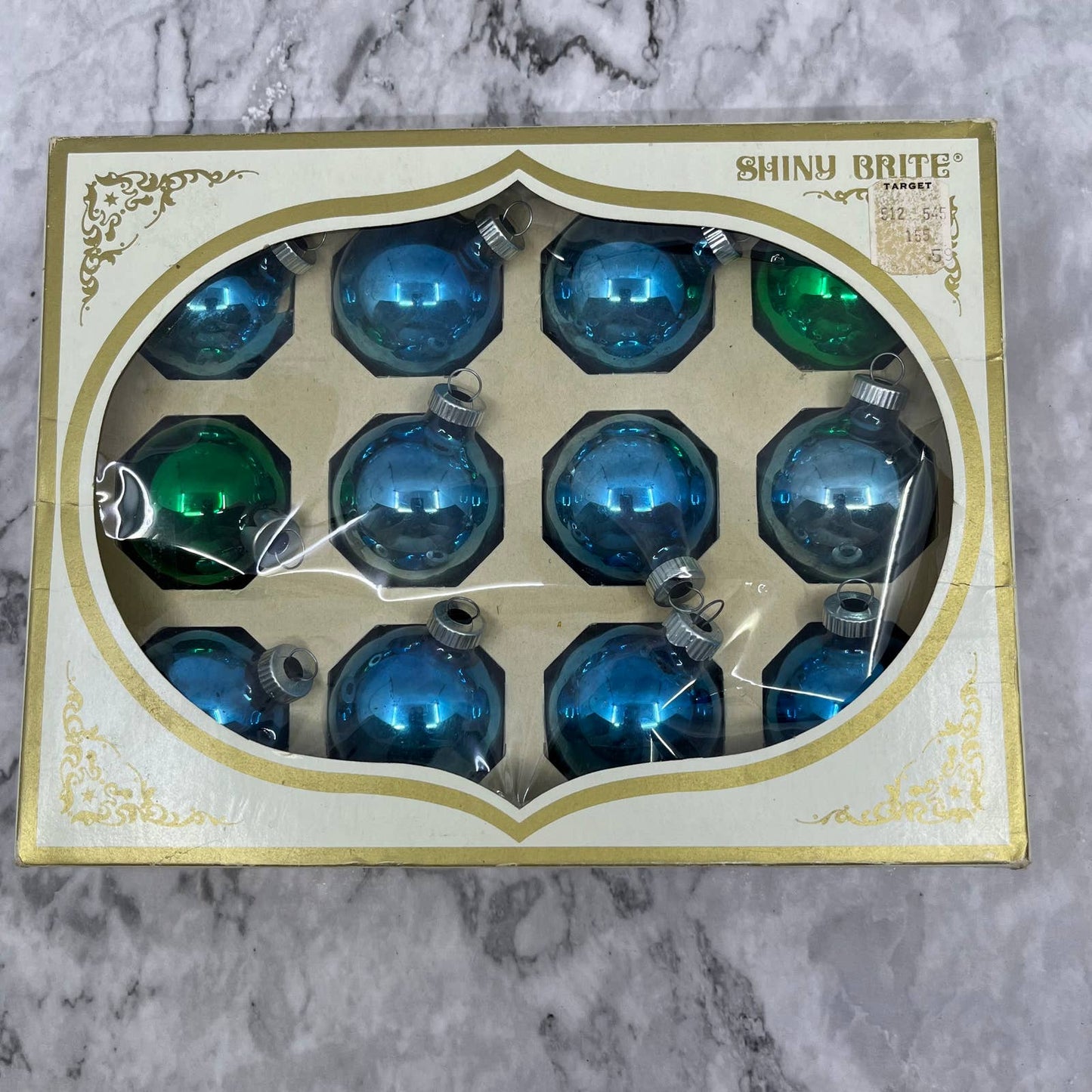 Shiny Brite 12 Vtg 1 3/4" Mercury Glass Ornaments Original Box Blue/Green TJ9
