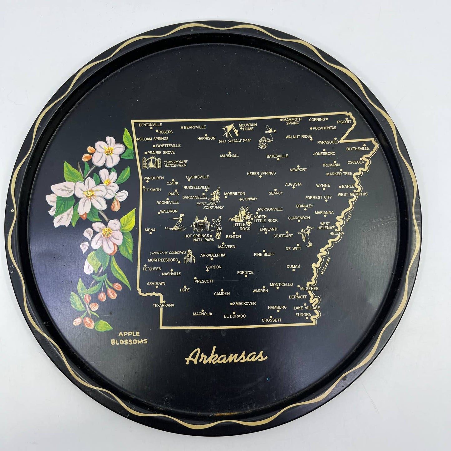 Vintage Black & Gold Metal State Souvenir Plate Tray Arkansas 11” TH2