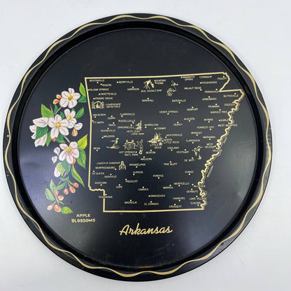 Vintage Black & Gold Metal State Souvenir Plate Tray Arkansas 11” TH2