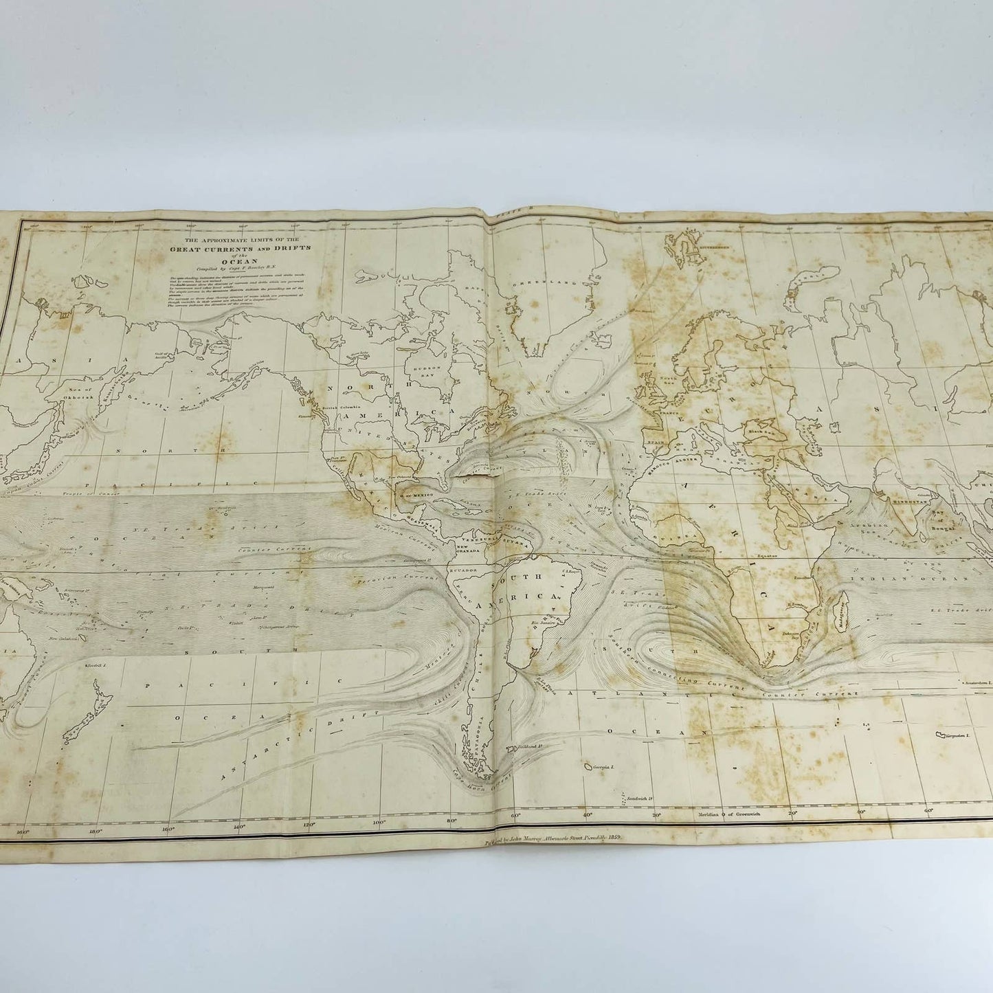 Original 1859 Civil War Map Great Currents and Drifts of the Ocean 13 x 23” FL1