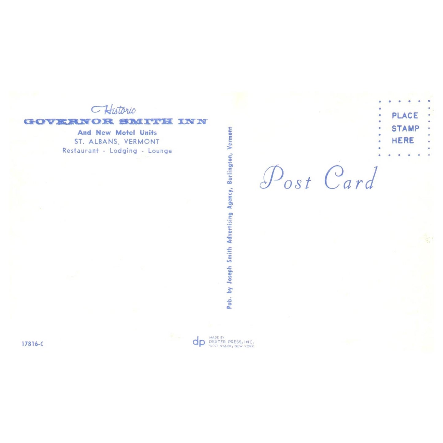 Vintage Postcard - Governor Smith Inn St. Albans Vermont AD9