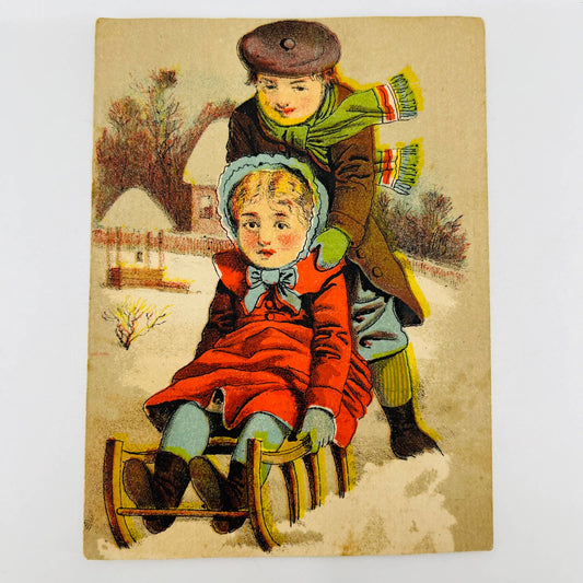 1880s Victorian Trade Card French Villa RW Bell Buffalo NY Children Sledding AA2