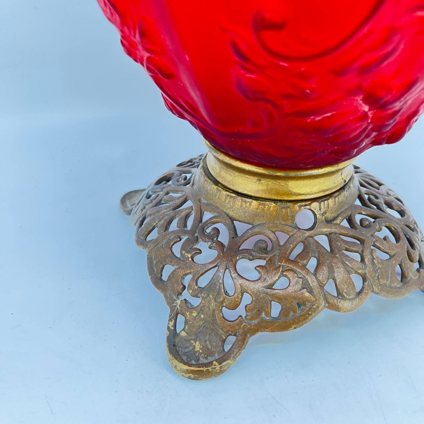 Antique Red Satin Glass and Brass Gone With the Wind Lamp Base LB3
