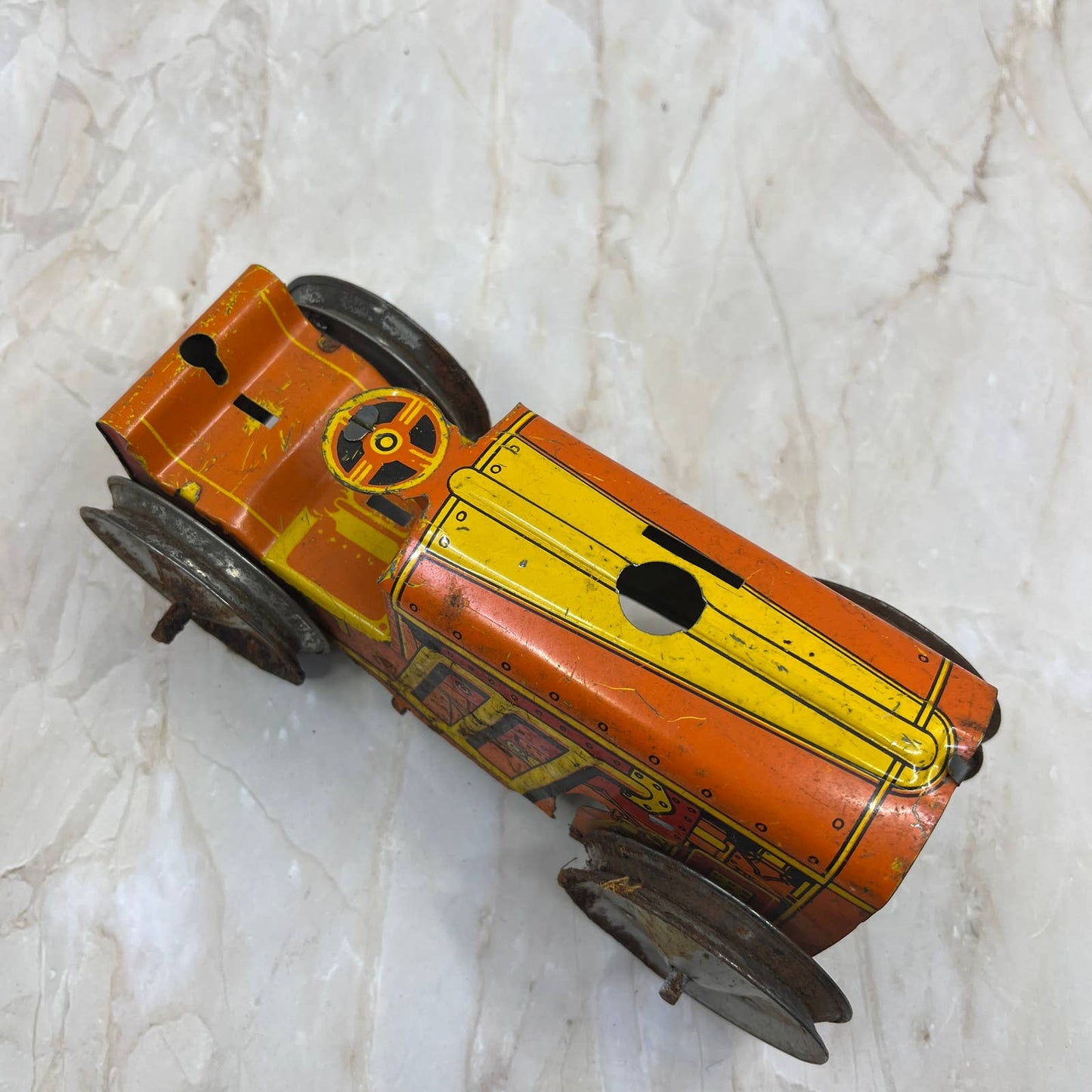 Marx Toy Wind Up Tin Litho Bulldozer/Tractor Yellow & Orange 8x3.5” TK2