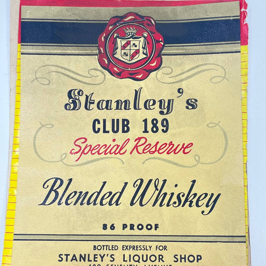 Stanley’s Club 189 Whiskey Label Set of 2 Liquor Shop Seventh Ave Brooklyn NY