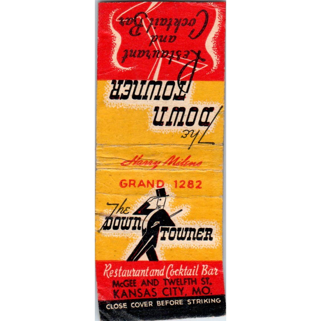 The Down Towner Restaurant Kansas City MO Advertising Matchbook Cover SA9-M1