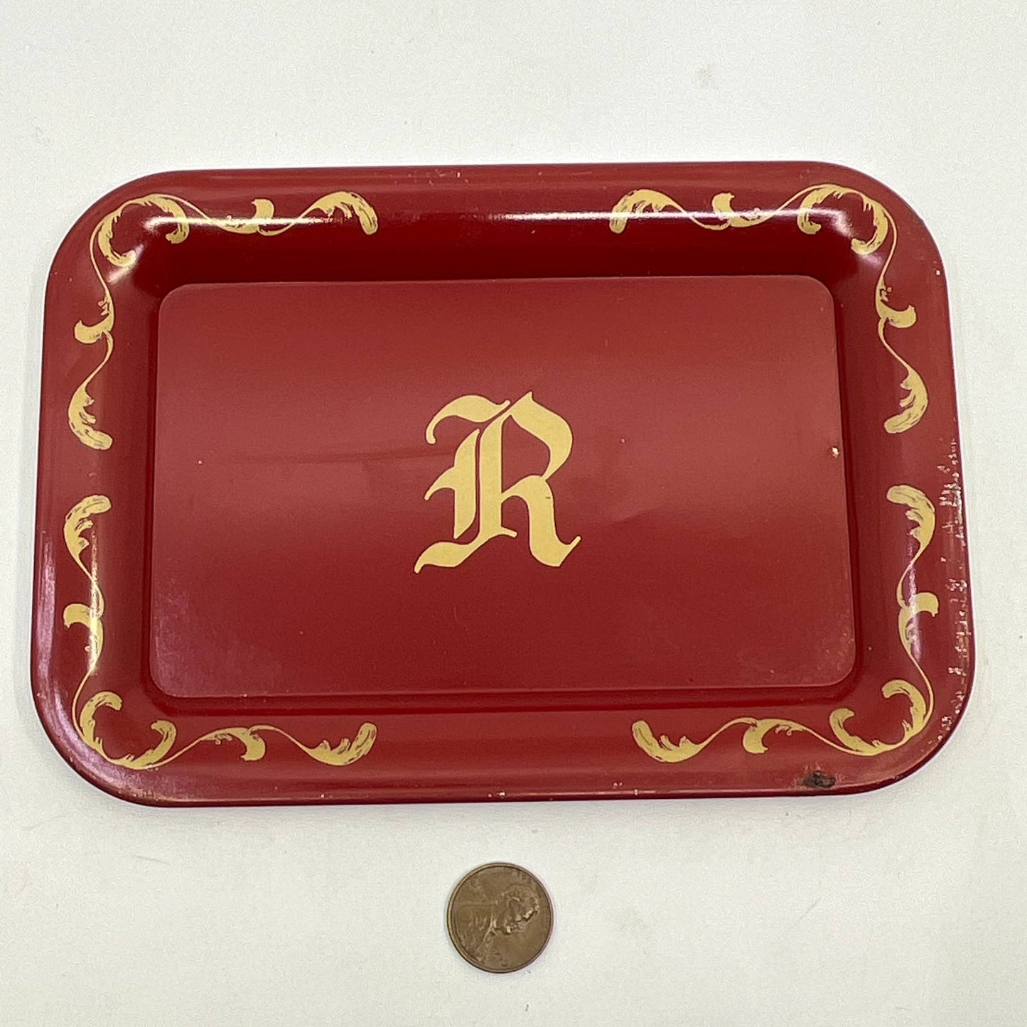 Vintage Small Tin Toleware Tray Monogrammed “R” Red ~6.5x4.5” TH2-1