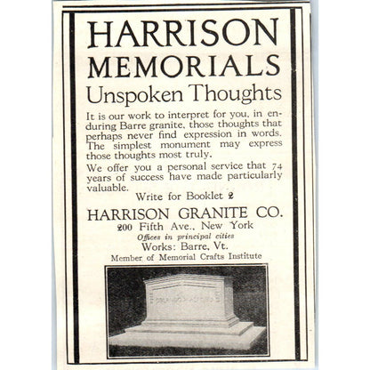 c1920 Harper's Magazine Ad - Harrison Granite Co Memorials Grave Stones EA3-4