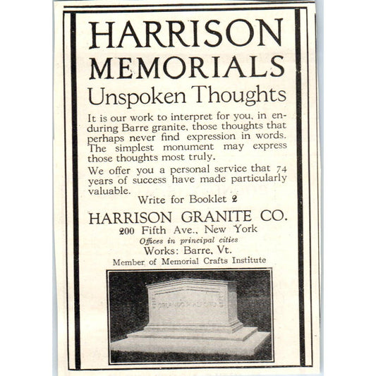 c1920 Harper's Magazine Ad - Harrison Granite Co Memorials Grave Stones EA3-4