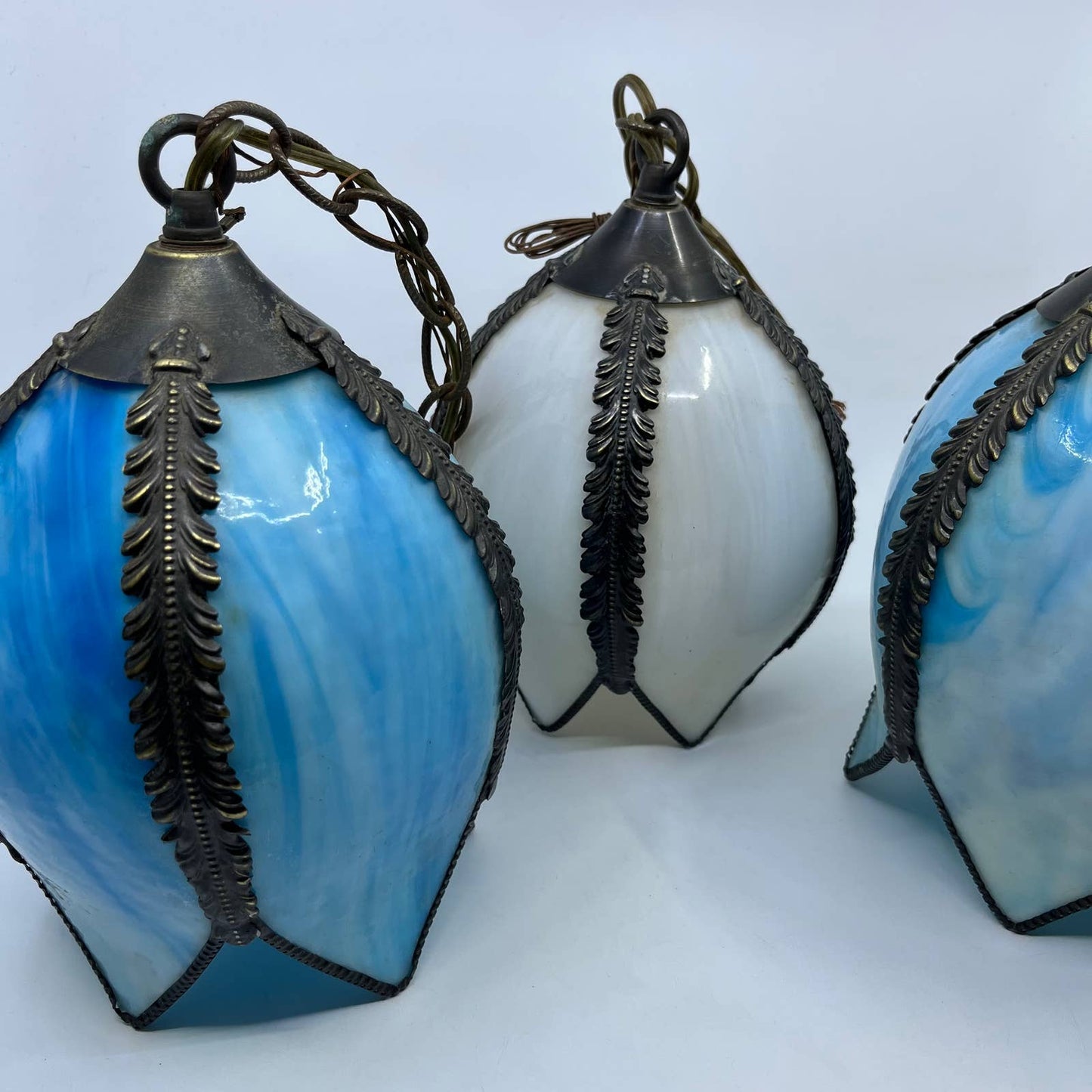 Stunning MCM Set of 3 Blue & White Slag Glass TULIP Hanging Pendant Light Lamps