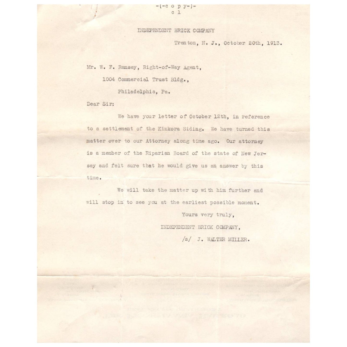 1913 Independent Brick Company Memo Walter Miller Trenton NJ AD8
